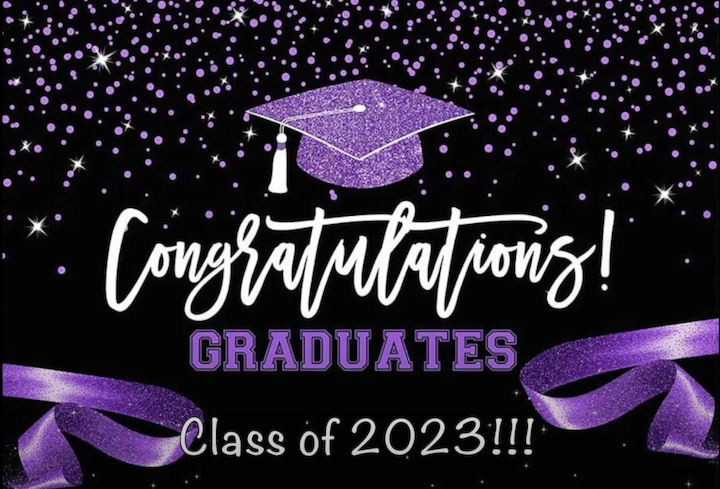 purple and black with text  congratulations Graduates class of 2023