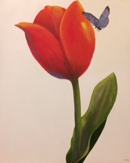 painting of red tulip with blue butterfly painting of red tulip with blue butterfly